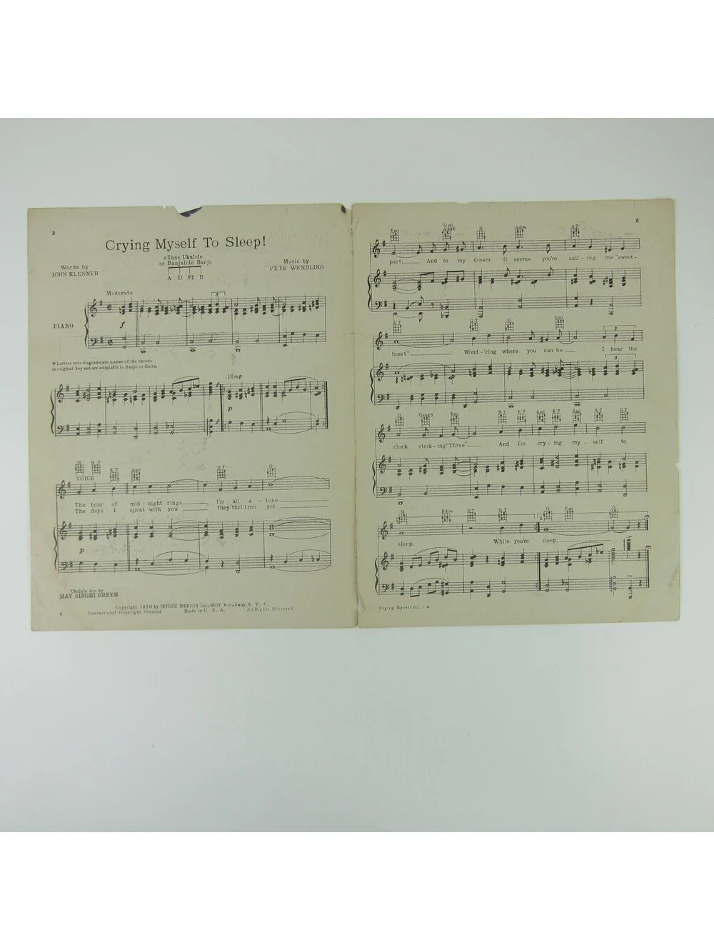 Sheet Music Crying Myself To Sleep Kate Smith Klenner & Wendling Vintage 1930